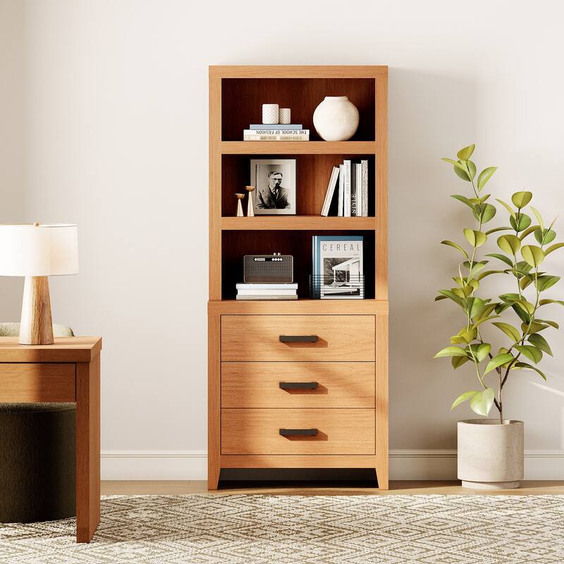 3-Tier Bookshelf with 3 Large Drawers, 74" Tall Farmhouse Bookcase with Wide Metal Handles, for Living Room, Office, Library - 31" Wide - Mocha