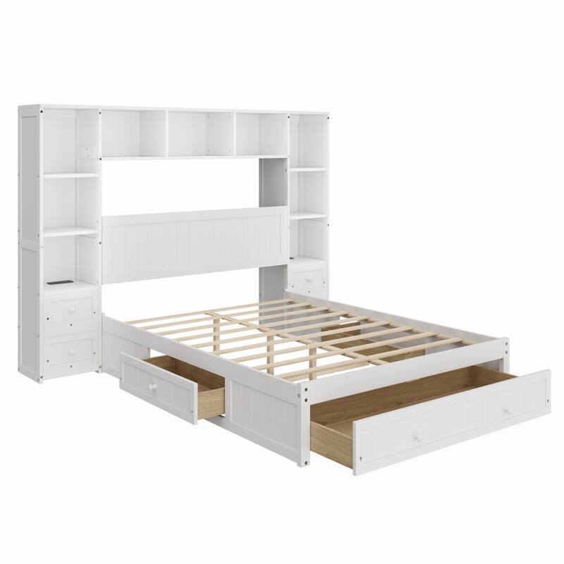 Multi-Functional Pine Wood Platform Bed with Built-In Nightstands, Storage Shelves, and Charging Stations