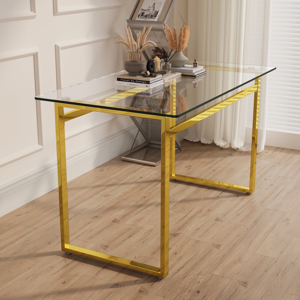 Modern Minimalist Rectangular Glass Dining Table for 4-6 with 0.31" Tempered Glass Tabletop