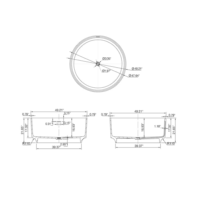 49 Inch Round Shape Freestanding Solid Surface Soaking Bathtub For Bathroom
