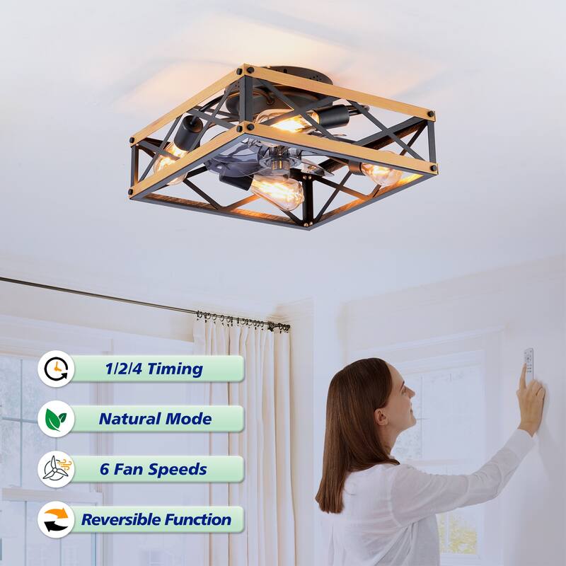20 inch Flush Mount Ceiling Fan Light with Remote Caged Farmhouse Fandelier Black Wood Low Profile
