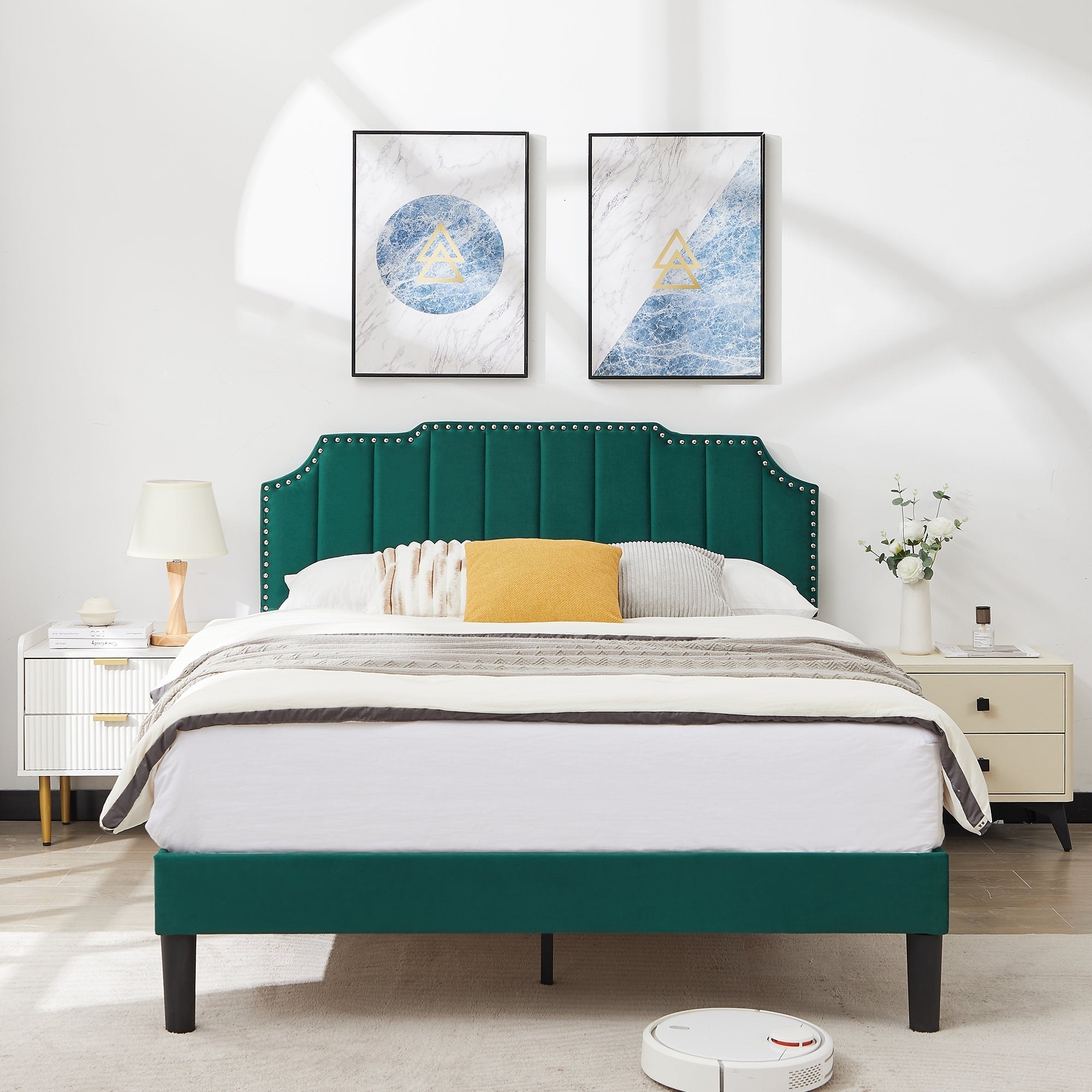 Javlergo Upholstered Platform Bed with Height Adjustable Nailhead Trimmed Curved Headboard Heavy Duty No Box Spring Needed Bed