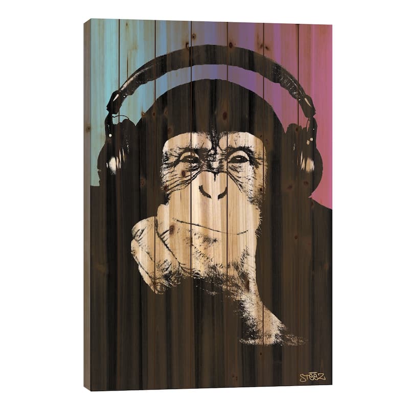 Monkey Headphones Rasta II Print On Wood by Steez - Multi-Color - 26x18x1.5