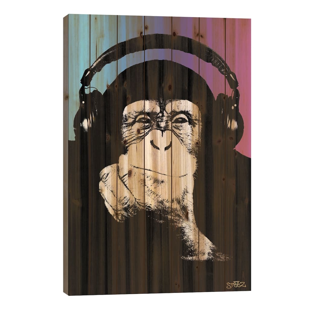 Monkey Headphones Rasta II Print On Wood by Steez - Multi-Color