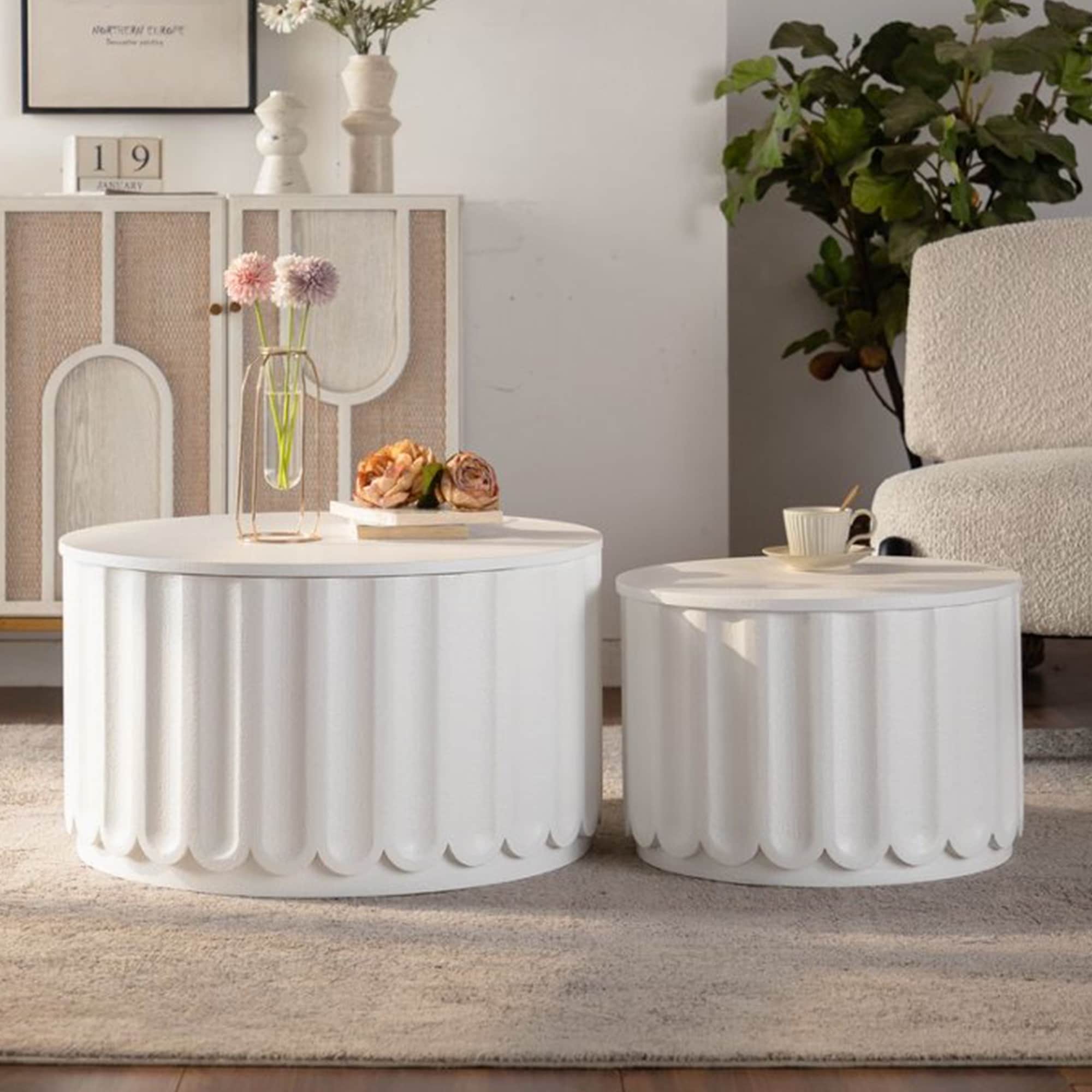 GDFStudio - Modern Round Nesting Storage Coffee Table Set with Lift-Off Lid - Cream White