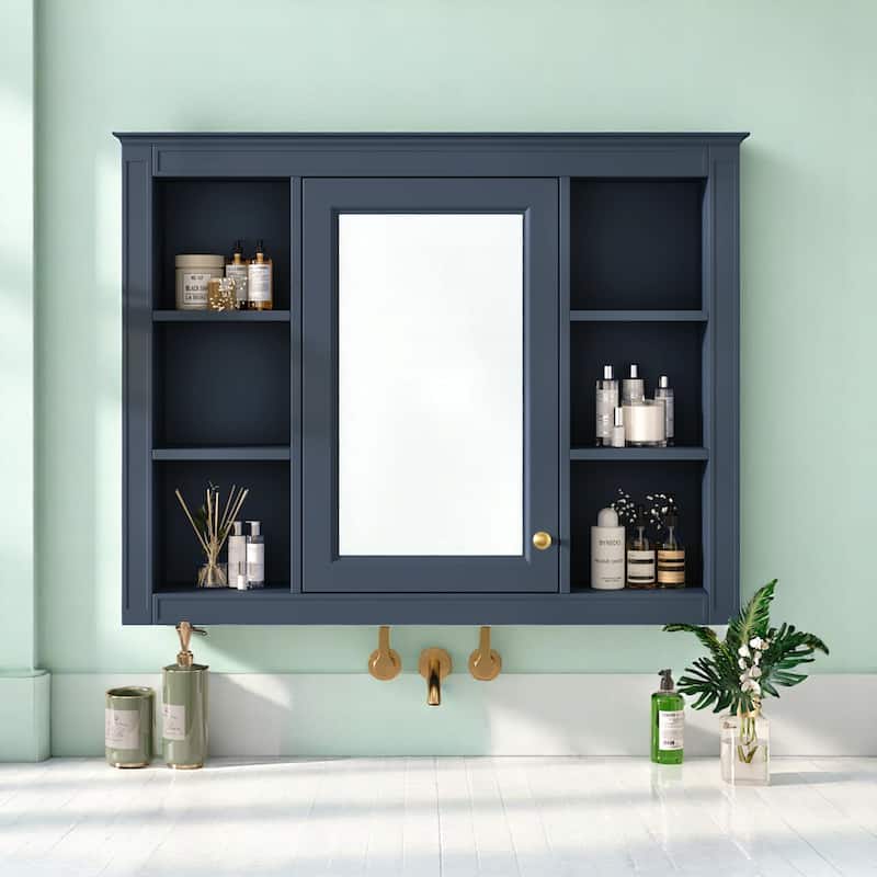 Modern Bathroom Mirror Cabinet, 35" Medicine Cabinet with 1 Door and 6 Open Shelves, Wall Mounted - Blue