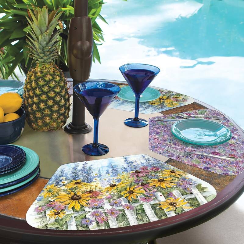 Springtime Garden Wedge Shaped Flexible Plastic Placemat 4 Pack Made in The USA 17.75" x 11.25" Reversible, Wipes Clean