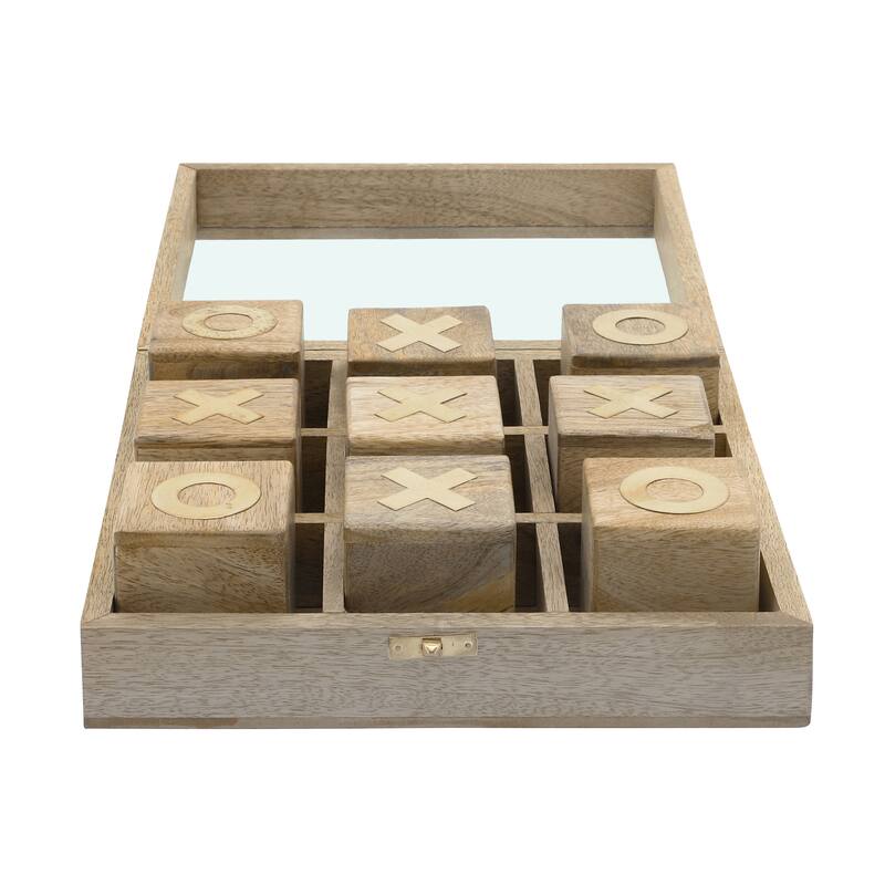 Sagebrook Home 10" Natural Brown Wooden Tic Tac Toe in Case Decorative Table Game - 10" x 10" x 3"
