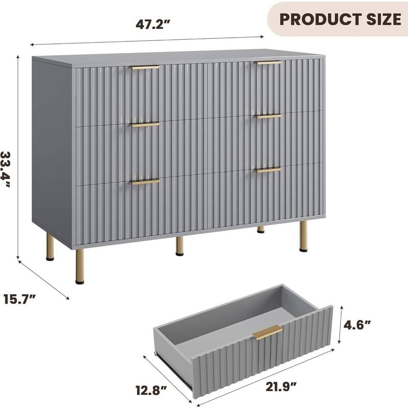 Fluted 54" 6 Drawer Double Dresser for Bedroom, Living Room, Hallway, Kids Room