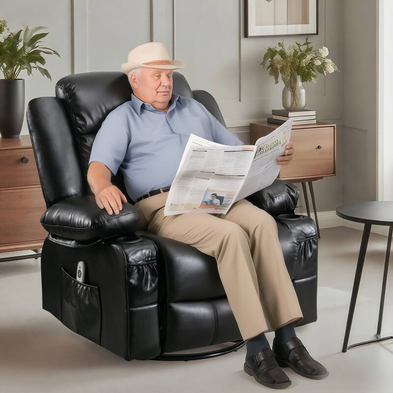 Recliner Chair with Massage & Heat, PU Leather Swivel Recliner, Electric Recliner with Side Pocket 2 Cup Holders & USB Port