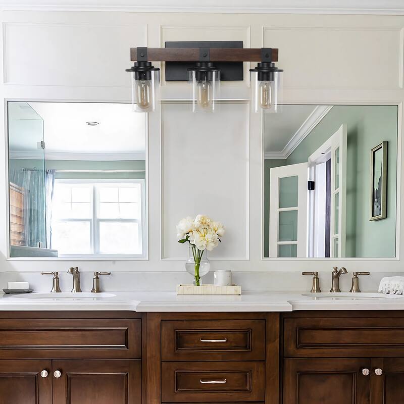 19" Rustic 3-Light Vanity Light, Industrial Bathroom Wall Sconce with Glass Shades and Wood Accent (No Bulbs) - Walnut