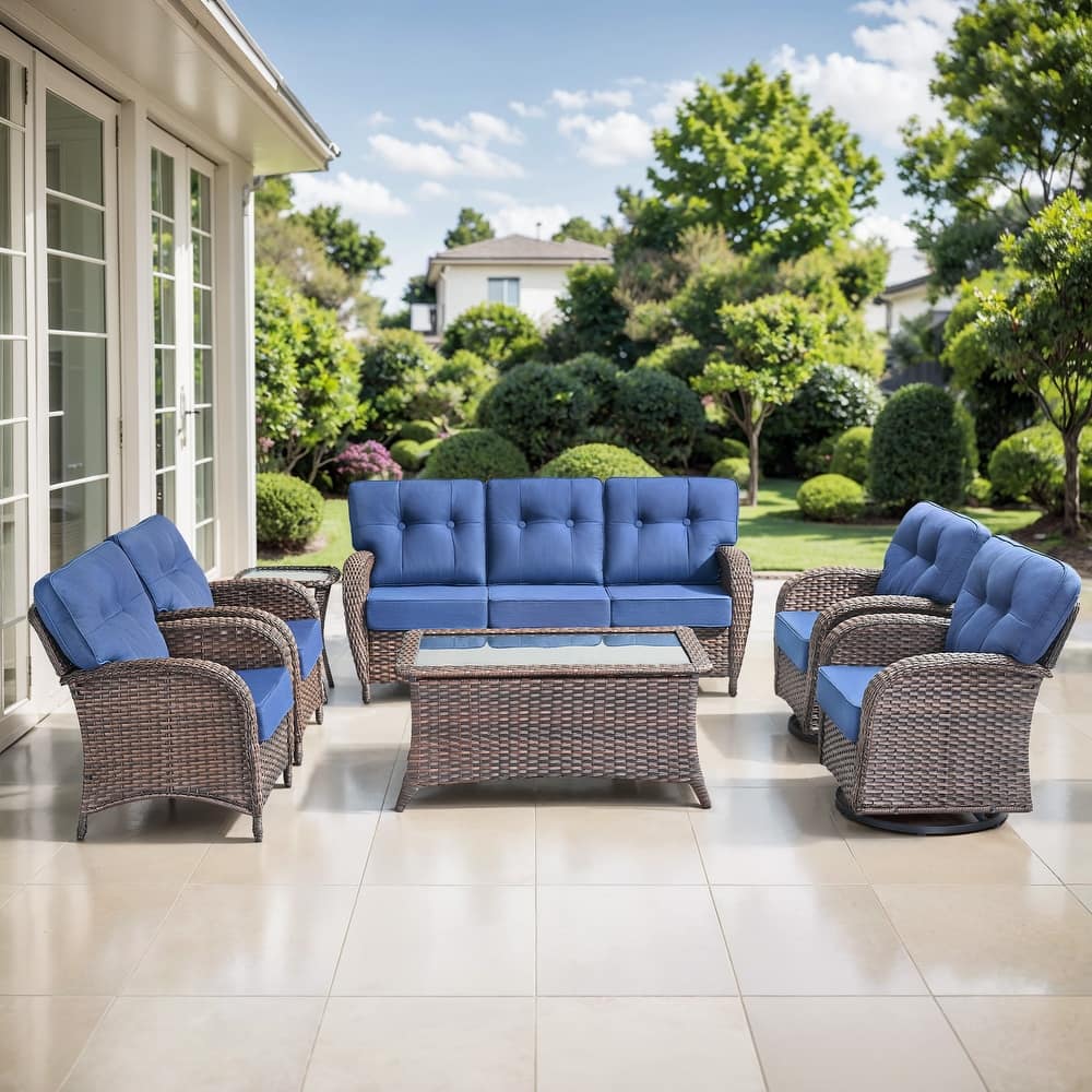TWrap 7-Piece Patio Brown Wicker Sofa Conversation Set with 5-Inch Thick Cushions