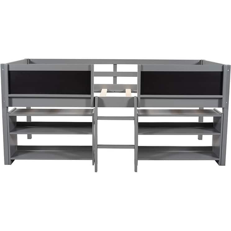 Twin Size Low Loft Bed with 2 Movable Shelves and Ladder & Chalkboard