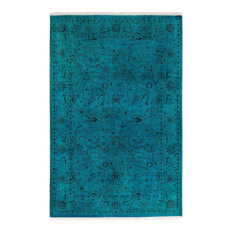 Overton Hand Knotted Wool Vintage Inspired Modern Contemporary Overdyed Blue Area Rug - 4' 2" x 6' 4"