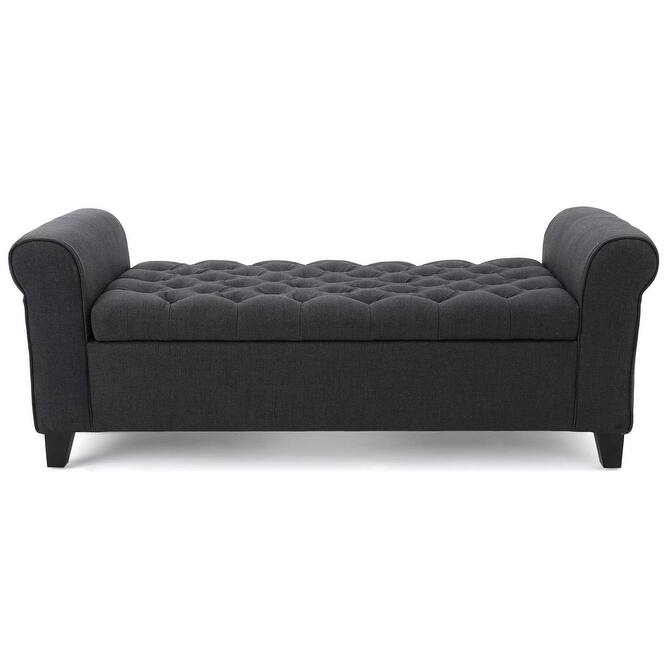 Modern Fabric Armed Storage Ottoman with Button Tuft and Rolled Arms - Dark Grey