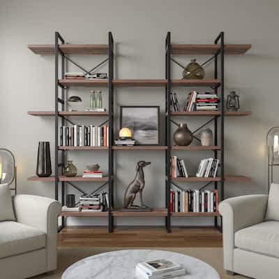 EVE Modern Antique Walnut Color 6 Tiers Storage Organizer Etagere Display Shelves - 85" H x 94.5" W x 12.6" D