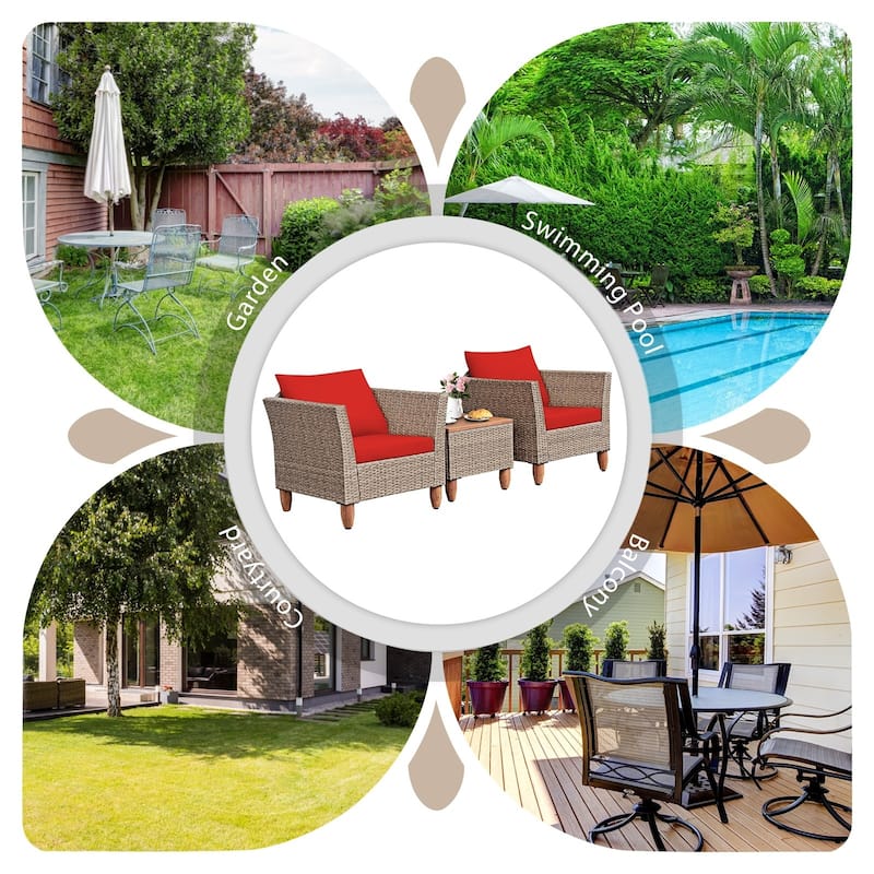 3 Pieces Patio Rattan Furniture Set with Washable Cushion for Yard Porch - 29" x 27" x 28"(L x W x H)
