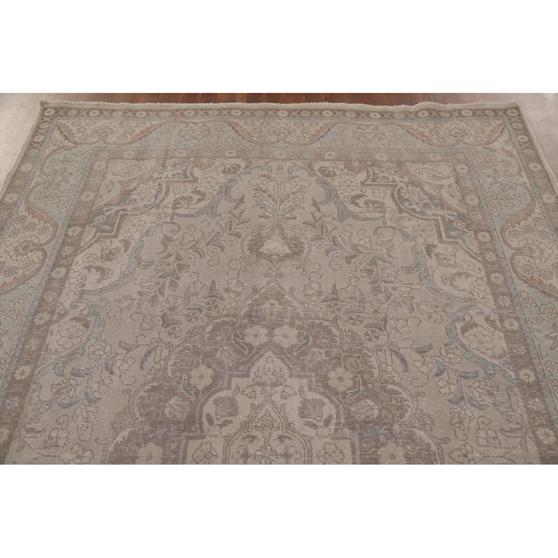 Grey Distressed Tabriz Persian Antique Rug Hand-knotted Wool Carpet - 6'5" x 9'4"