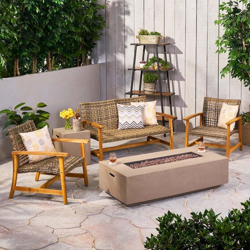 Augusta Outdoor Acacia Wood and Wicker 4 Seater Chat Set with Fire Pit by Christopher Knight Home