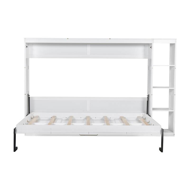 Full Size Murphy Bed with Bookshelf, Foldable Bed Frame with Storage Shelves, Wooden Cabinet Bed with Handle