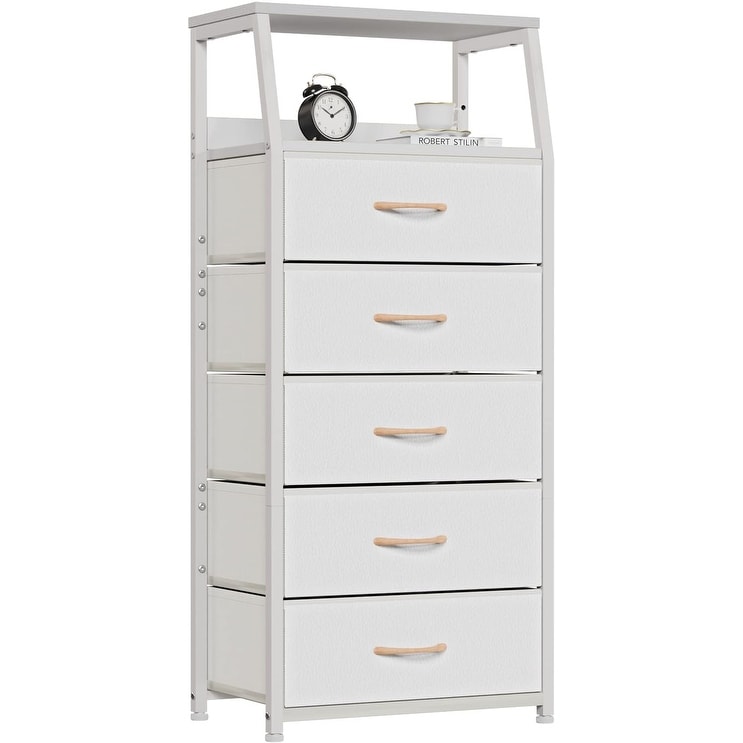 5-Drawer Fabric Dresser with Wood Top, Sturdy Steel Frame, Vertical Storage Tower for Bedroom, Closet, Nursery