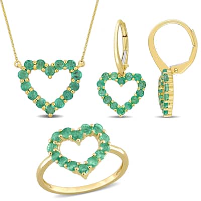 Miadora 2 1/4ct TGW Emerald 3-Piece Jewelry Set - Heart Necklace Earrings Ring 10k Yellow Gold