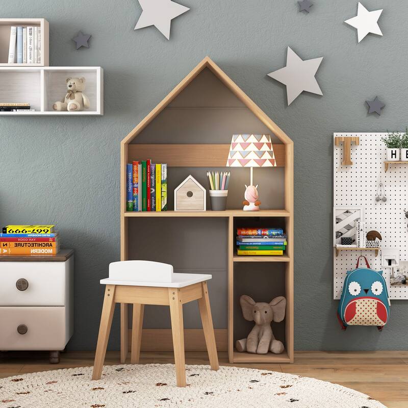 2-in-1 Kids House-Shaped Table and Chair Set-Gray - Grey