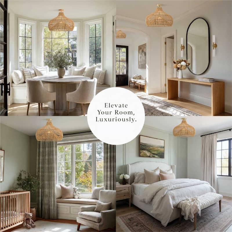 Oceania Rattan Flush Mount Rattan Natural Cone Handwoven Dimmable Ceiling Light for Bedroom or Hallway in Farmhouse, Boho Style