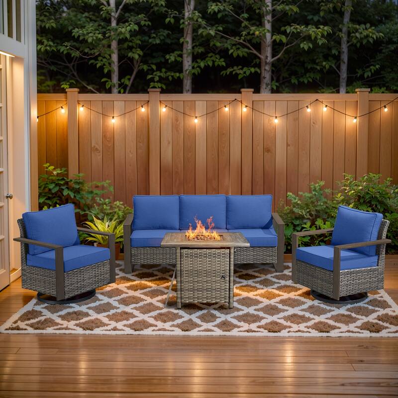 Pocassy 4/6/8PCS Sofa Swivel Chair with Fire Pit Table Set - Grey Wicker Blue Cushion - 4-Piece Sofa Swivel Chair with Fire Table