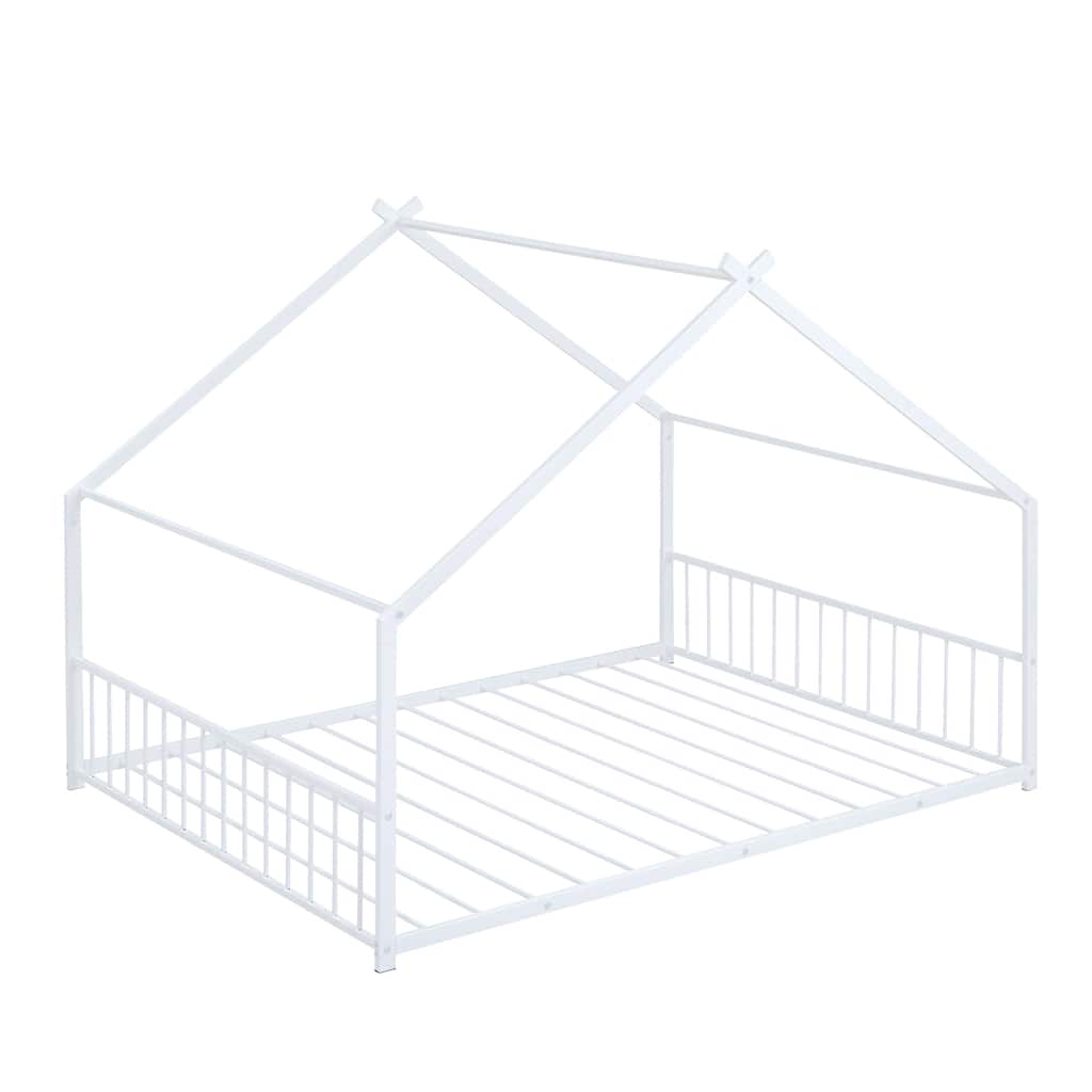 Full Size Metal House Bed for Kids with Playhouse Roof Design
