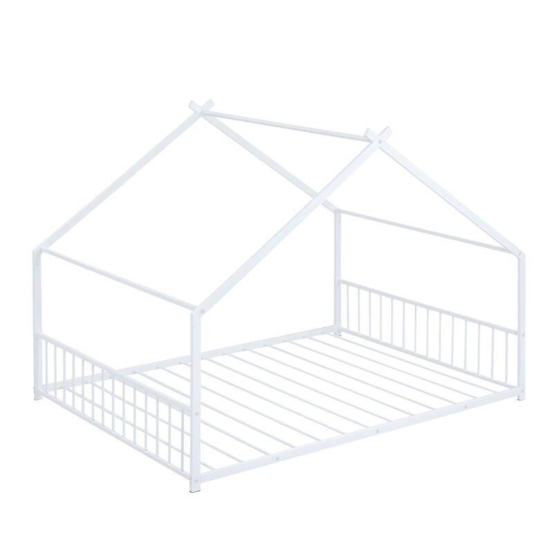 Full Size Metal House Bed with Roof, Playhouse Design, Sturdy Frame, No Box Spring Needed