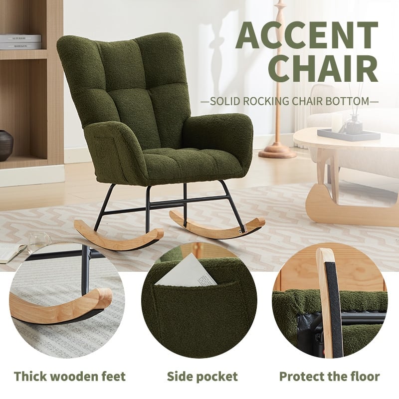 Modern Nursery Rocking Chair, Rocker Accent Armchair with Solid Wood Legs for Nursery Bedroom Living Room