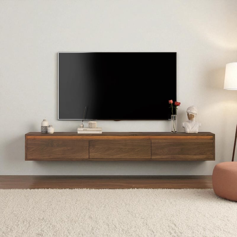 Floating High Gloss Wall Mounted TV Stand with LED Lights, USB Ports and Power Outlet for 60 to 69 Inch TVs - Wood