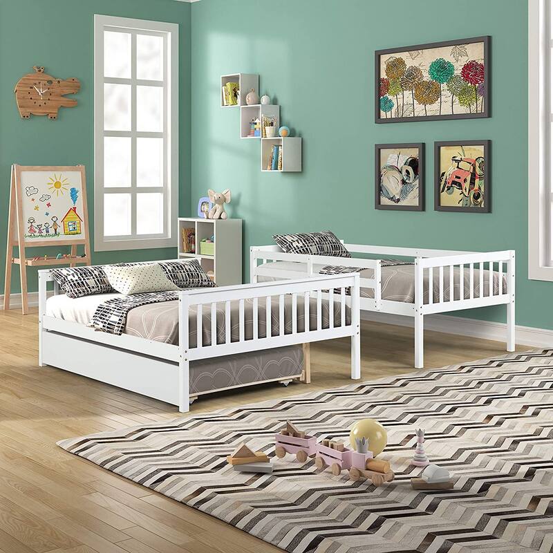 Twin Over Full Bunk Bed with Trundle, Ladder and Guard Rails