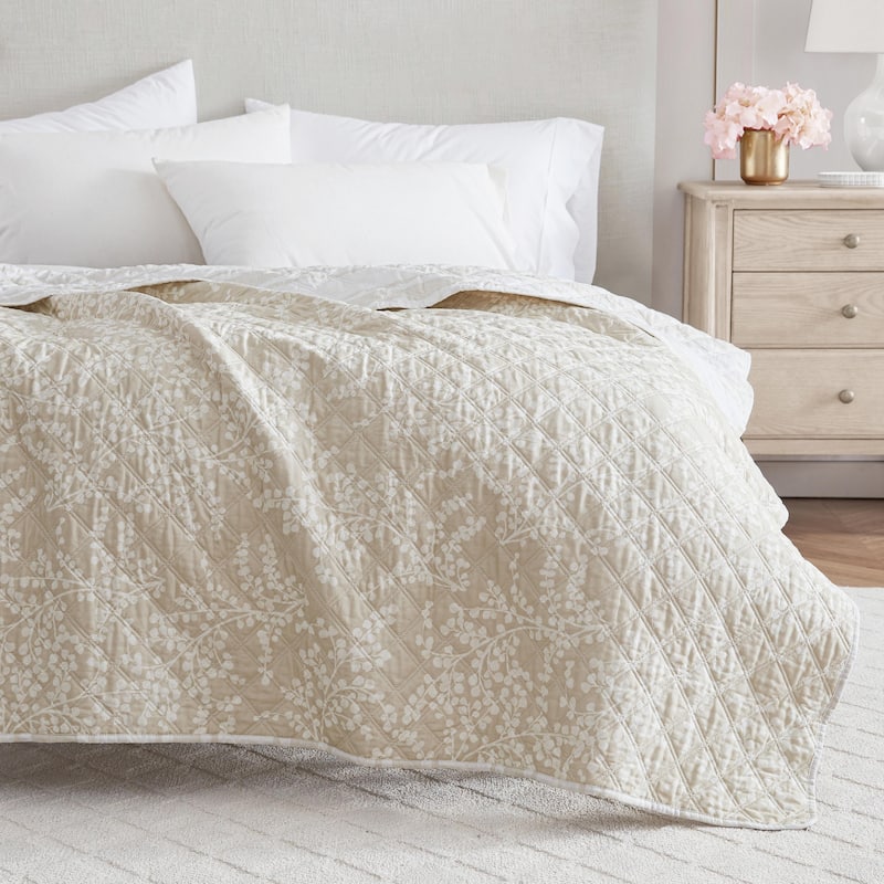 Martha Stewart Cotton Quilted Throw Blanket - Layered Branches Beige