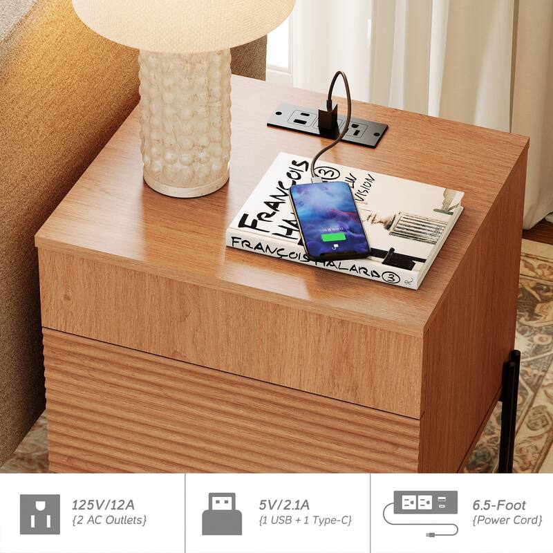 WAMPAT 4-Piece Bedroom Furniture Set, 47" Fluted 6 Drawer Dresser, 61" Buffet Sideboard, 2 Nightstand with Charging Station, Oak