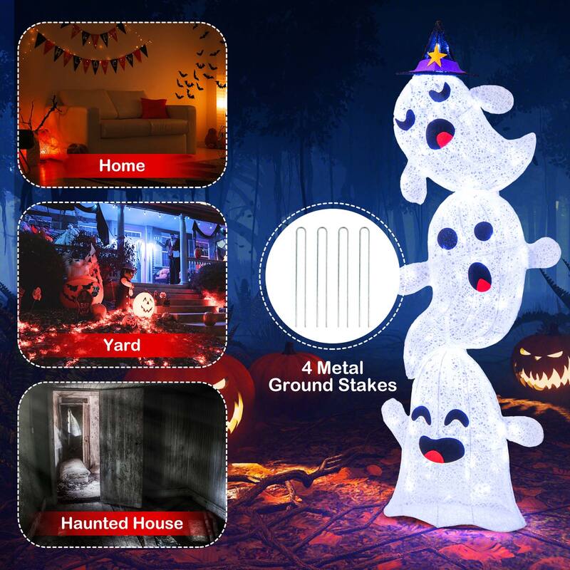 Costway 4 FT Lighted Stacked Ghosts Standing Halloween Decoration with - See Details