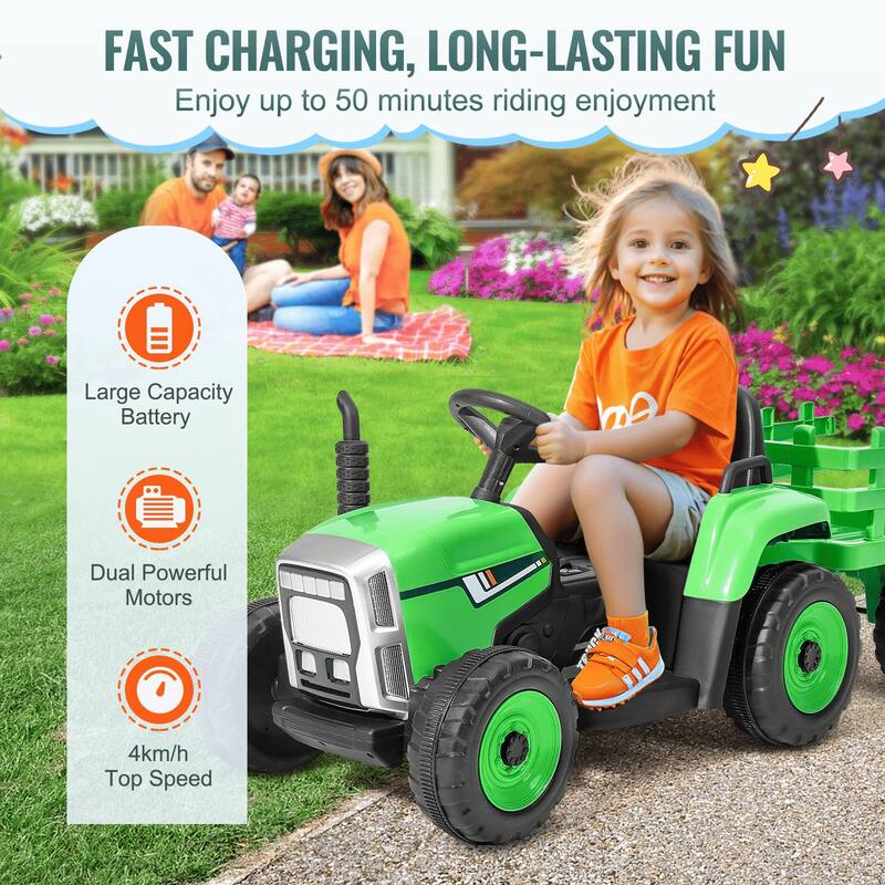 12V Kids Ride On Tractor with Trailer Remote Control Electric Vehicle - 53.9 x 19.7 x 20.7 in