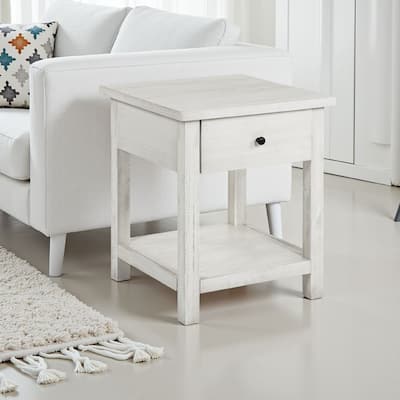 Ayne Side End Table, 1 Drawer, Distressed White Wood, Square 20 Inch