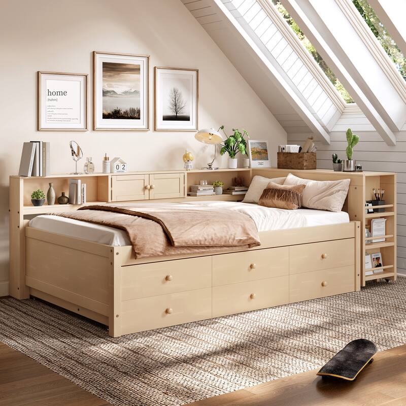 Full/Twin Daybed with Trundle & Storage Drawers - Wood Frame with Side Shelves and Desk - Gold - Twin