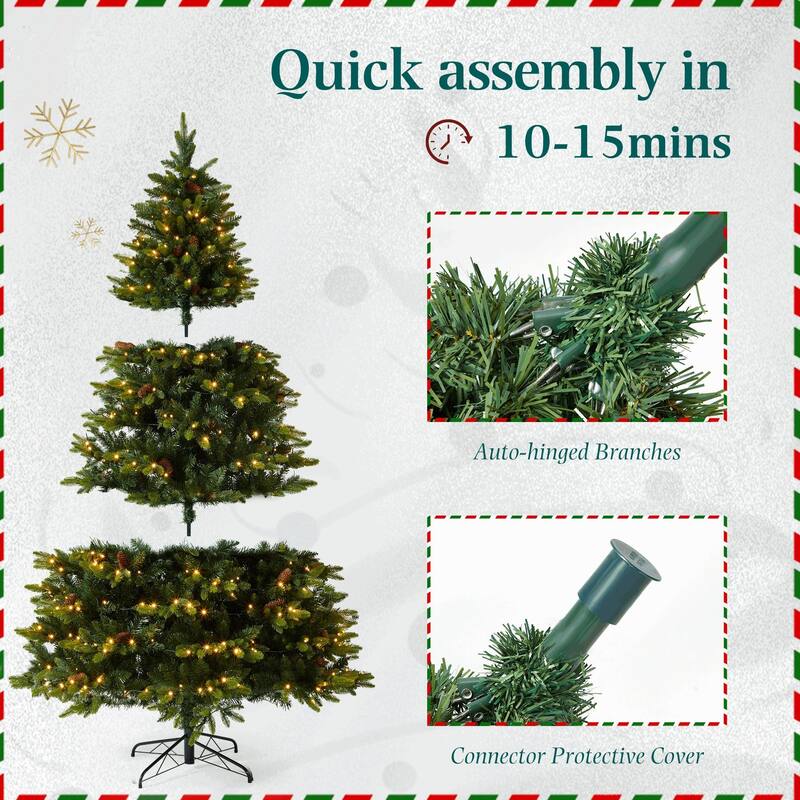 EROMMY 7.5ft Pre-lit Christmas Tree with 500 Lights, Snow Flocked Artificial Tree with Cones and Ornaments