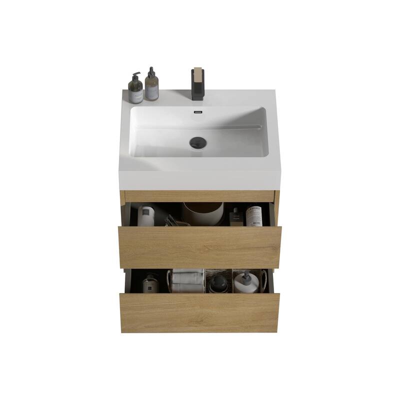 24" Floating Bathroom Vanity in Natural Oak with Handle-Free Design, Black Sink, and Silent Soft-Close Drawers