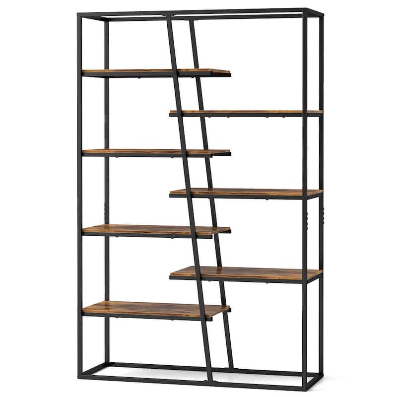 7-Tier Bookshelf Tall Bookcase Storage Organizer w/Metal Frame - Rustic Brown + Black