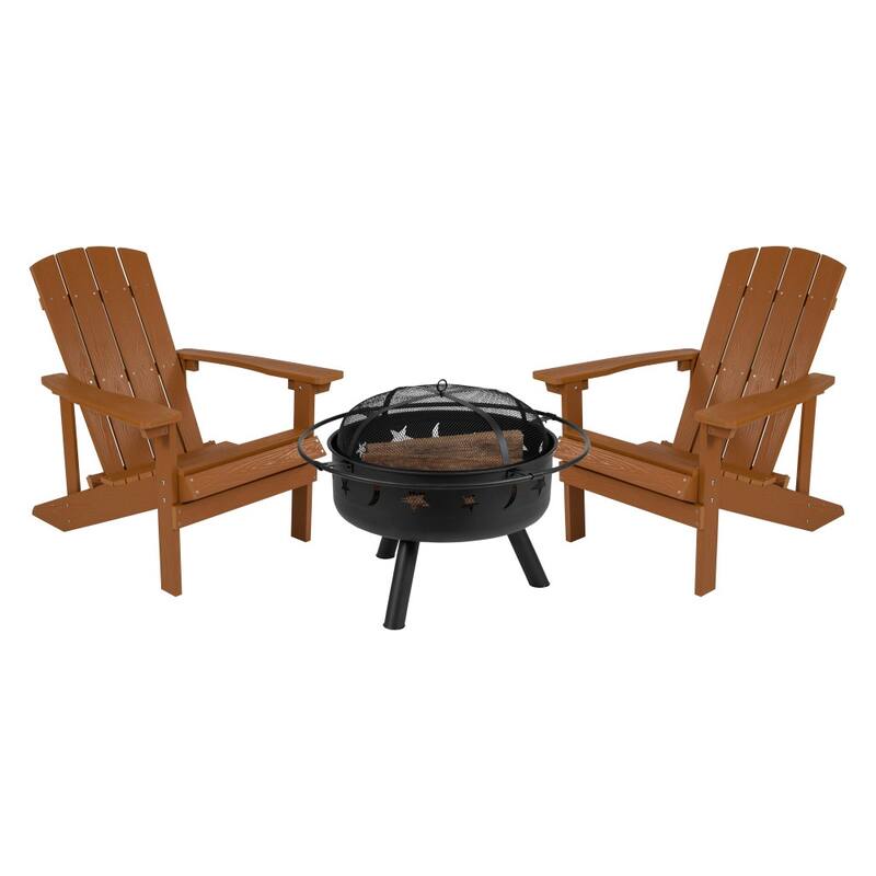Star and Moon Fire Pit with Mesh Cover & 2 Poly Resin Adirondack Chairs