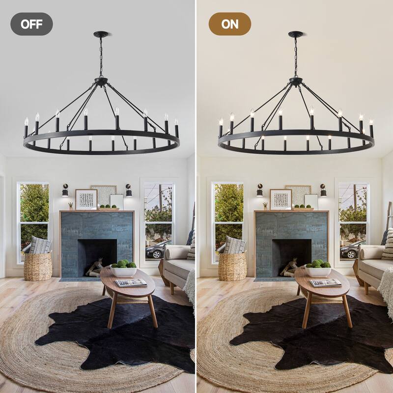 53.15 Inch Matte Black Wagon Wheel Chandelier With 18 light (No Bulbs) -E12