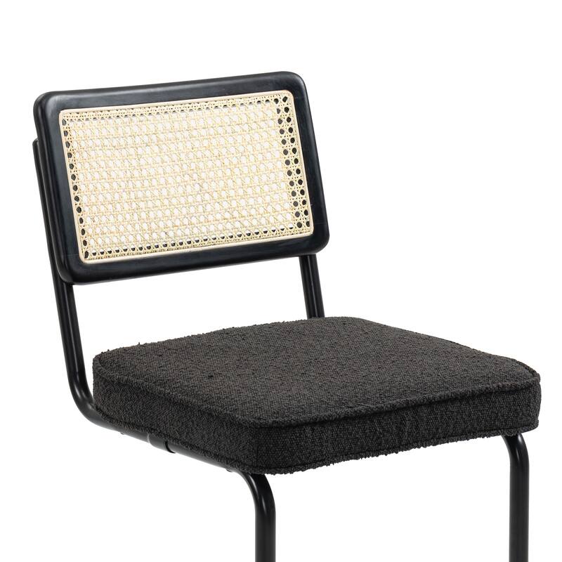 Set of 2 Ayers Black Fabric Counter Stool with Rattan Backrest and Black Steel Legs