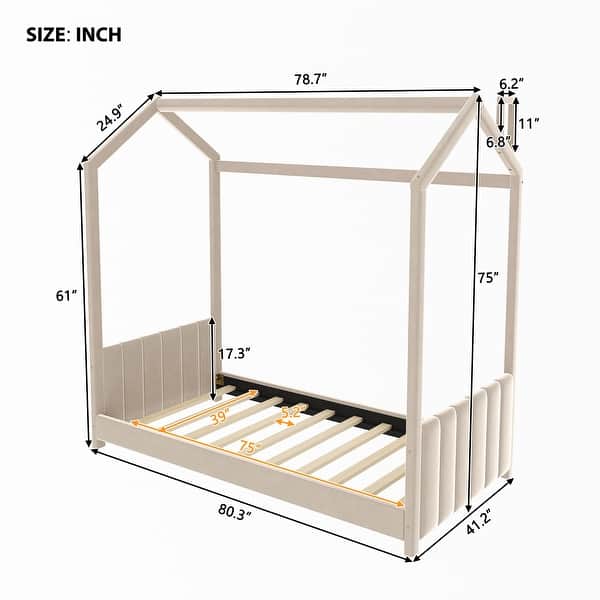 dimension image slide 1 of 4, Semi-enclosed Low Profile Bed, Wood Playhouse Bed Frame with Velvet Strips Headboard and Footboard for Kids, Teens