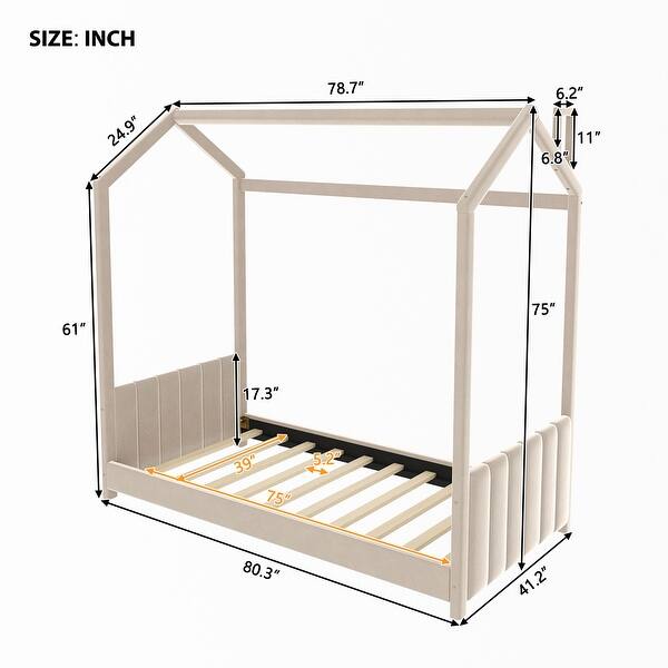 dimension image slide 1 of 2, Twin Size Velvet House Bed Wood Bed With Strips on Headboard,Sturdy Construction For Bedroom