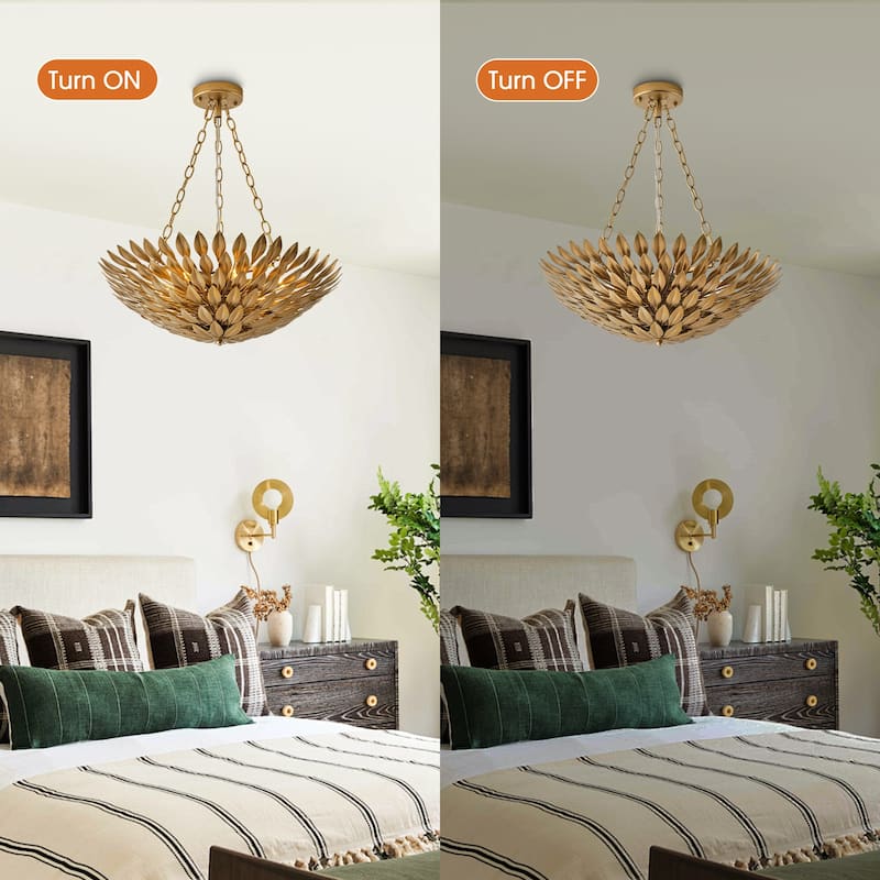 Antique Gold 6-Light Olive Leaf Convertible Chandelier Light - 22.05"W x 24.8"H