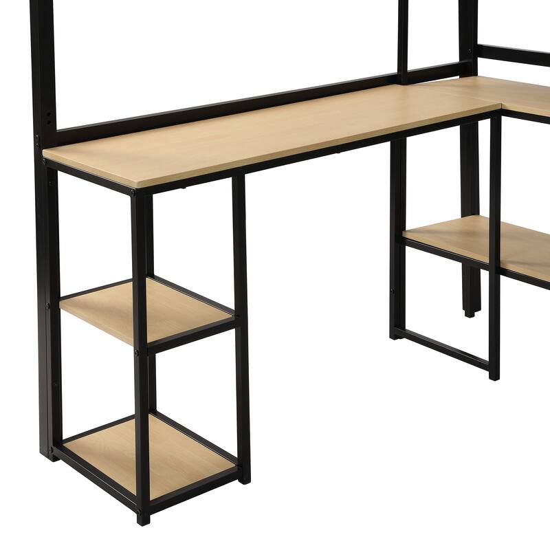 Full Size Metal Loft Bed with Staircase, Built-in Desk, and Shelves in Black